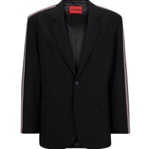 HUGO Boss Wool Blend Suit Set Black Striped Tape Trim Blazer Pants 46R Tailored